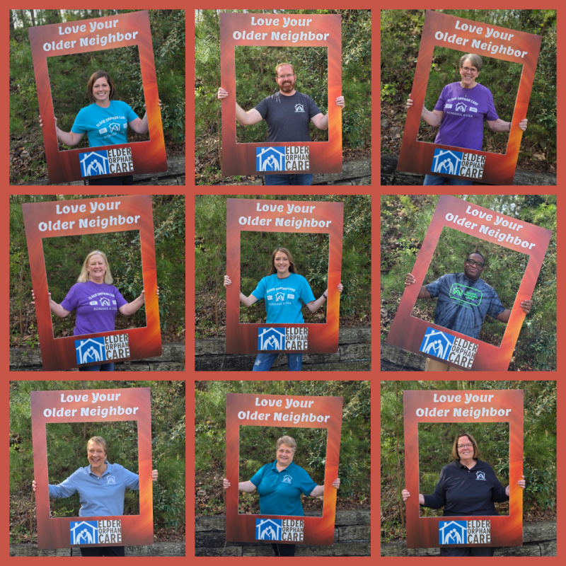 Photos of Elder Orphan Care's board and staff holding Love Your Older Neighbor Signs