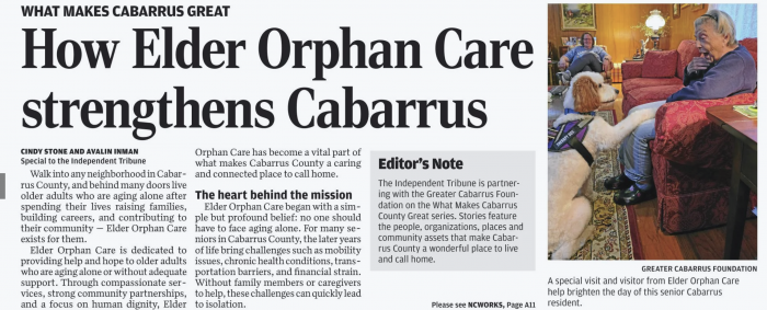 Newspaper headline reads How Elder Orphan Care Strengthens Cabarrus